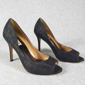 Badgley Mischka Black Glitter Peep Toe Stiletto Heels Pumps Women's Size 8M Sexy